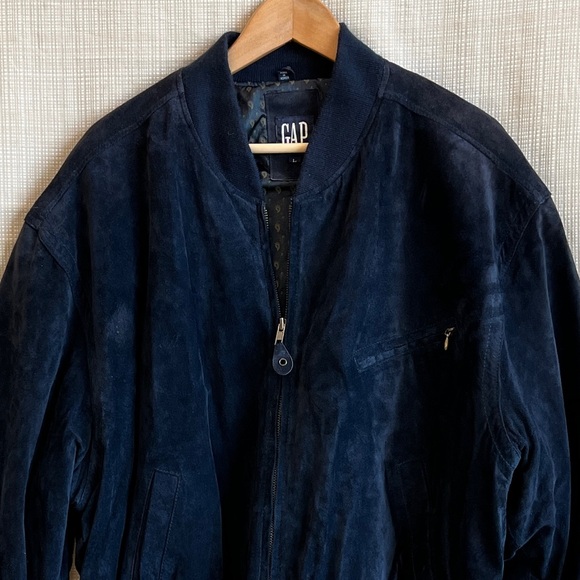 NWT GAP 100% Suede Leather Bomber Jacket Navy Blue Cropped Suede Outerwear - Picture 2 of 15